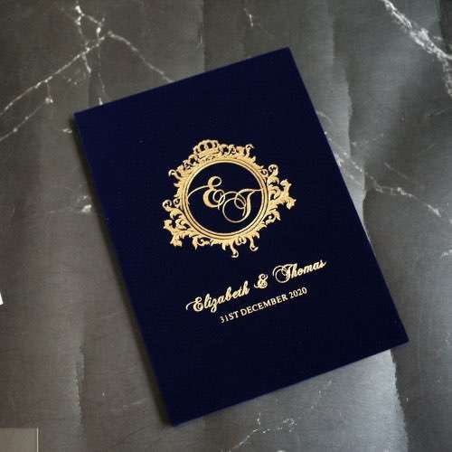 Invitation Card With Dark Blue Velvet Holder Gold Mirror Acrylic